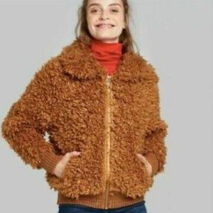 NWT Wild Fable Fuzzy Faux Fur Bomber Jacket Cognac